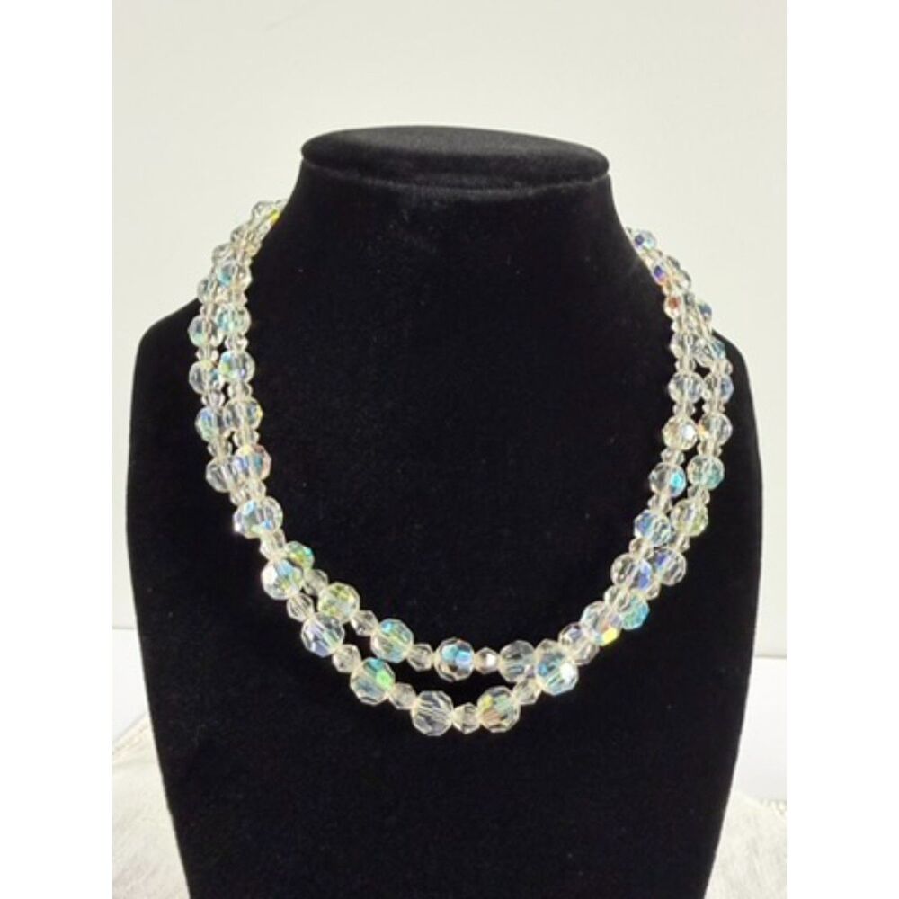 Vintage AB Crystal Double Strand Necklace Bridal Wedding Prom Aurora Borealis